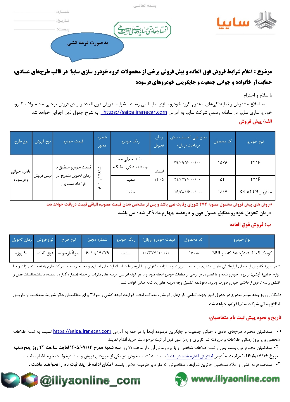 تصویر جدول شرایط فروش فوق العاده و پیش فروش برخی از محصولات گروه خودرو سازي سایپا - مهر 1405
