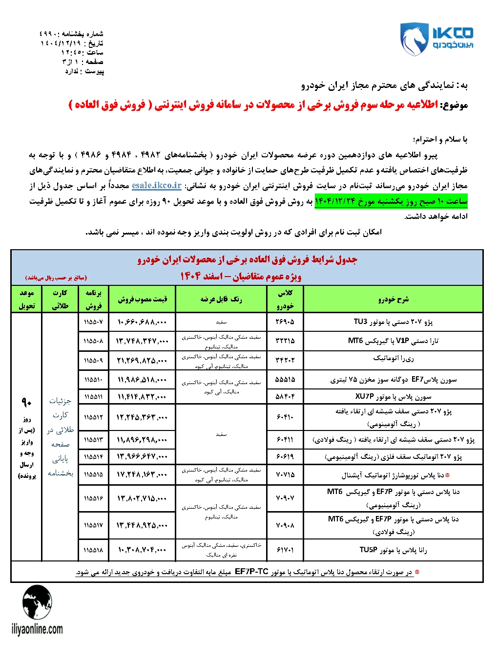 جدول بخشنامه فروش 4990