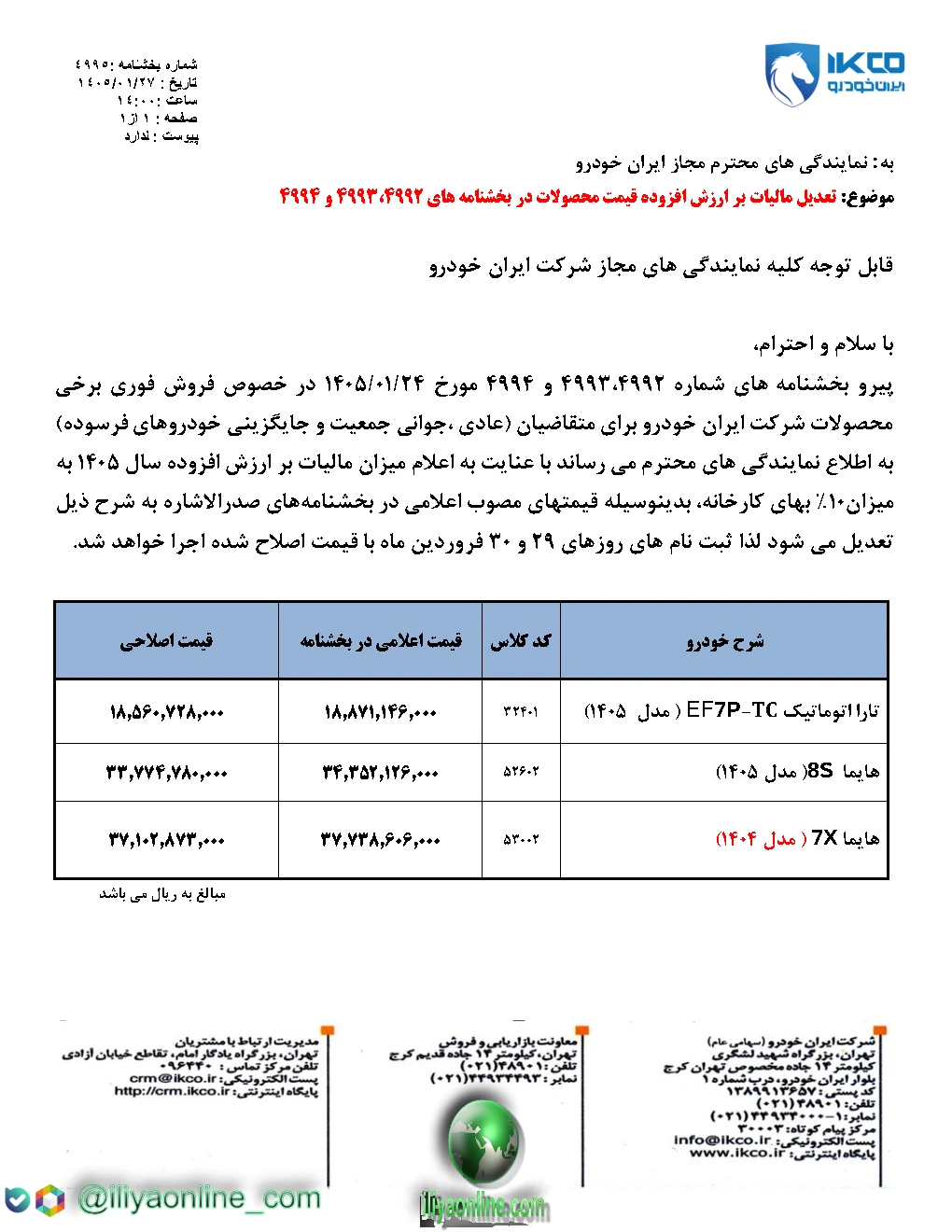 تصویر بخشنامه 4995 - تعدیل ( اصلاحیه) قیمت محصولات ایران‌خودرو در فروش فوری براساس نرخ جدید مالیات برارزش افزوده