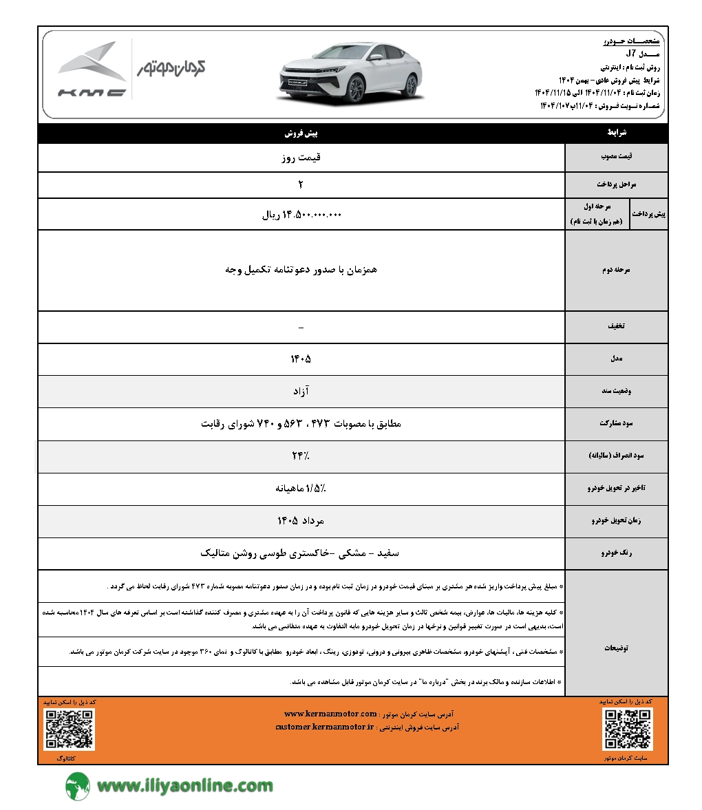 تصویر بخشنامه فروش KMC J7  کرمان موتور