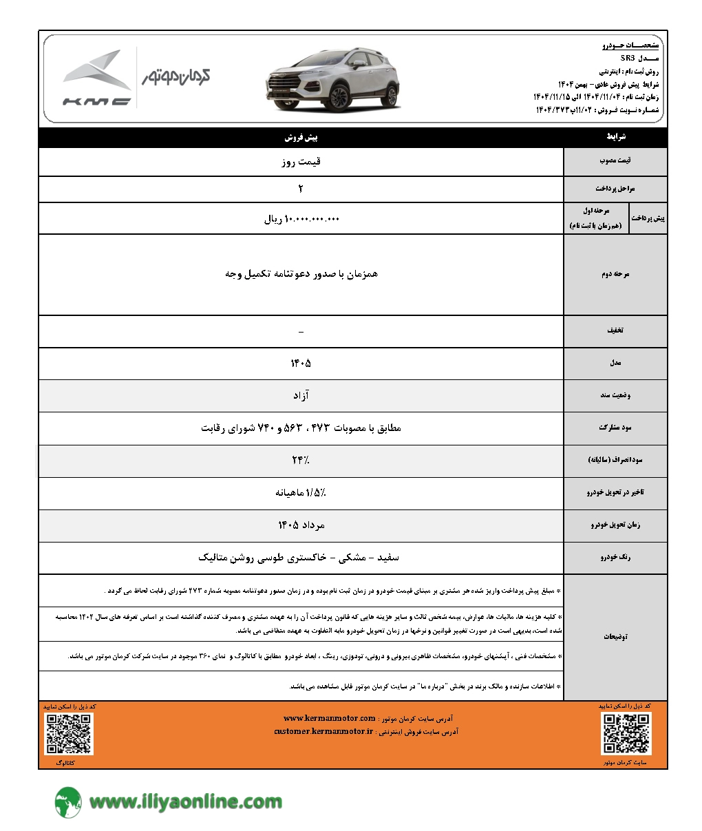 تصویر بخشنامه فروش KMC SR3  کرمان موتور