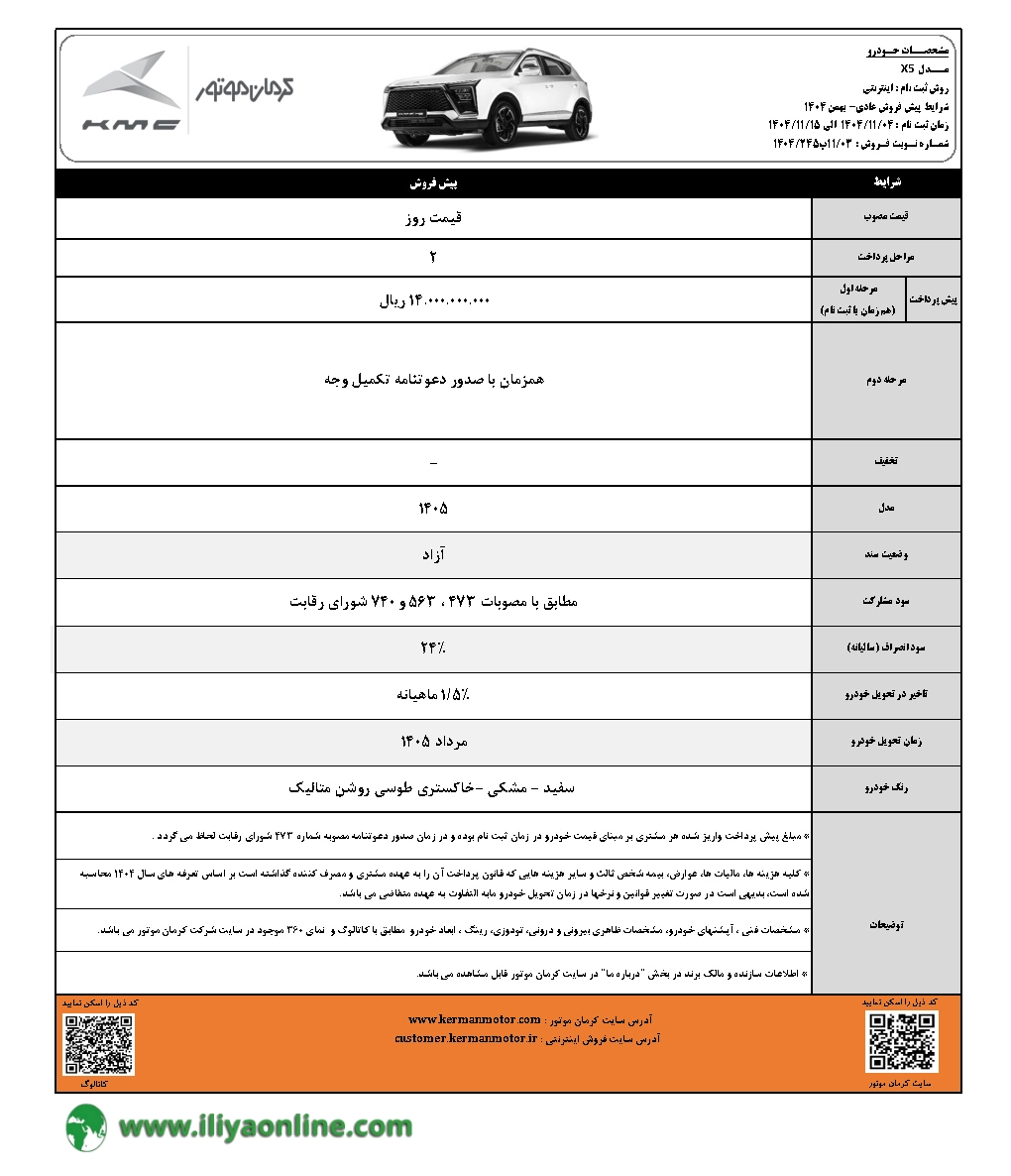 تصویر بخشنامه فروش KMC X5  کرمان موتور